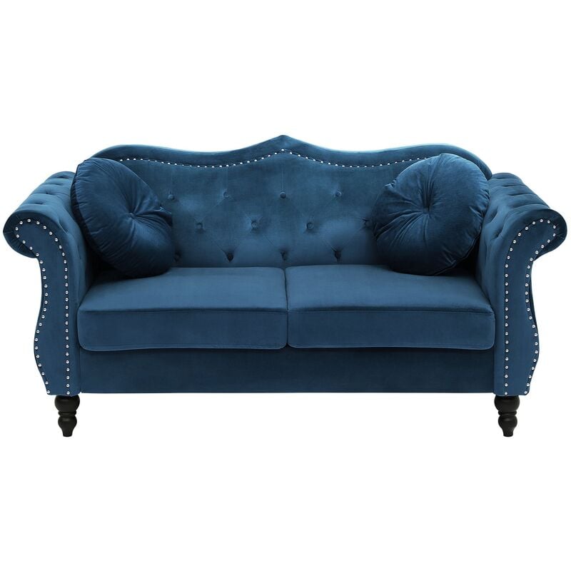 Glam Living Room 2 Seater Velvet Sofa Nailhead Trim Button Tufted Blue Skien