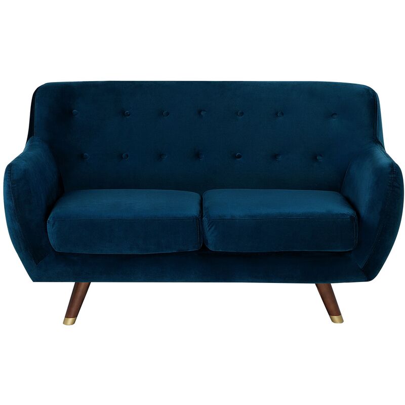Modern Velvet 2 Seater Sofa Navy Blue Tufted Backrest Solid Wood Legs Bodo