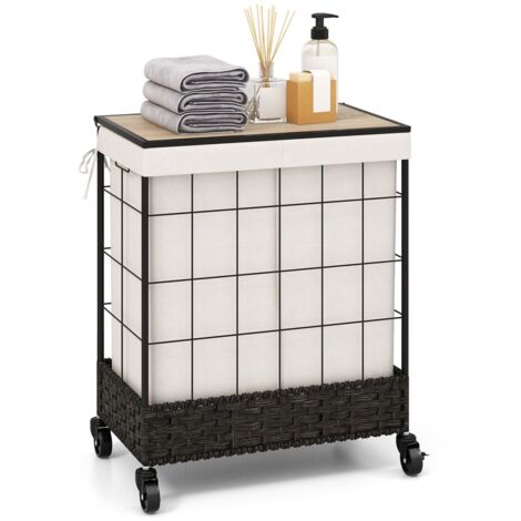 2 Section Laundry Hamper 110L Large Capacity Handwoven Rattan Laundry Basket
