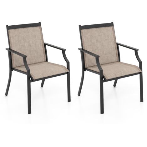 2 Sedie da pranzo per patio con seduta traspirante e telaio in metallo, Sedie da esterno con schienale alto Caffè