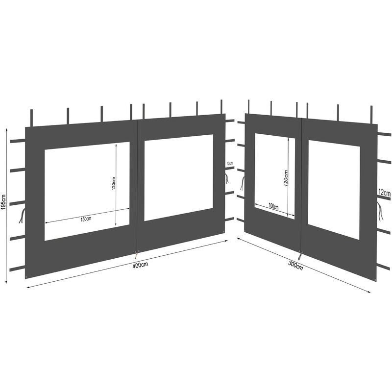2 Seitenteile aus Polyester mit Fenster 300/400x195cm für Pavillon 3x4m Seitenwand Anthrazit ral 7012 wasserdicht