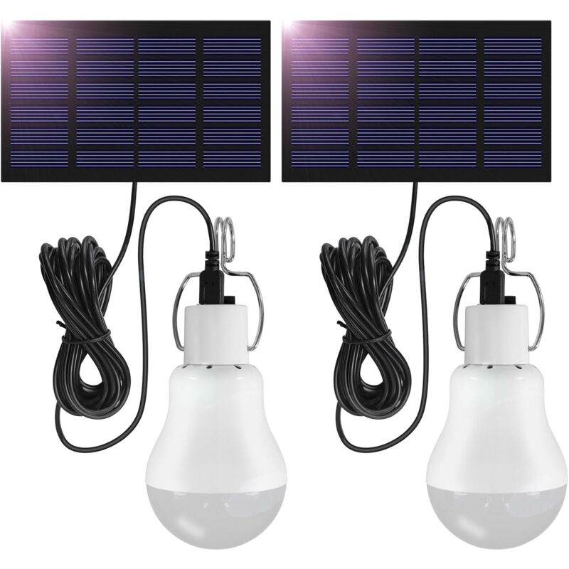 2 Sets 3W Outdoor Hanging Solar LED Lamp with 3.45M Cable, Portable Solar Lantern with Solar Panel, Recahrgeable Solar LED Bulb for Fishing, Camping,