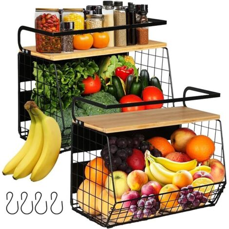 2 Sets Etagere Magnetique Frigo & Porte-épices 2 In 1 Range Legumes Cuisine, Rangement et Organisation de Cuisine, Fruits et Legumes, Corbeille Fruit Panier, Epices, Panier Mural