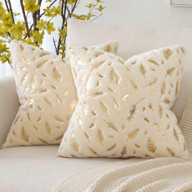 2 Sets Luxury Soft Faux Fur Decorative Pillowcases with Gold Feather Printed Living Room Bedroom Decorative Pillowcases (4545cm, White) Individual