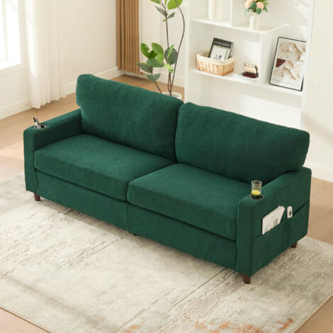 2-Sitzer-Sofa 203 x 77,5 x 86 cm, Chenille-Schaumstoff mit hoher Dichte, Ambiente-LED-Beleuchtung, USB-C-Anschluss, Getränkehalter, Seitentaschen, smaragdgrüne Farbe