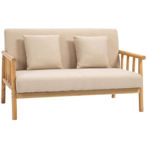 2 Sitzer Sofa Couch 2 Lendenkissen gepolstert Holzrahmen Leinenoptik Doppelsofa kleine Räume Beige