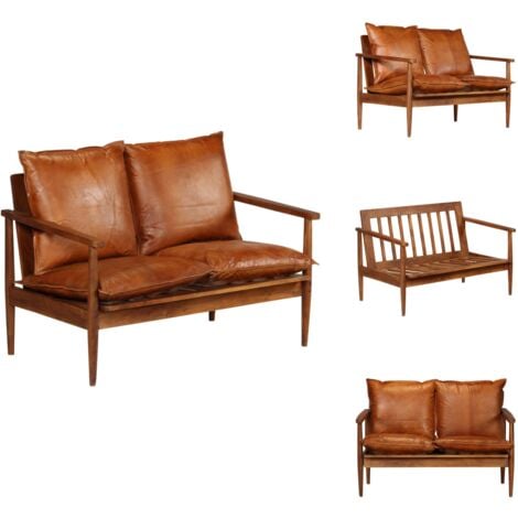 2-Sitzer-Sofa Echtleder Akazienholz Braun - Leder Sofa - Echtleder Sofa - Wohnzimmersofa - 2-Sitzer Sofa - Akazienholzmöbel