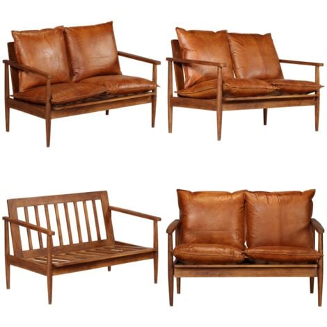 2-Sitzer-Sofa Echtleder Akazienholz Braun - Leder Sofa - Echtleder Sofa - Wohnzimmersofa - 2-Sitzer Sofa - Akazienholzmöbel - Home & Living