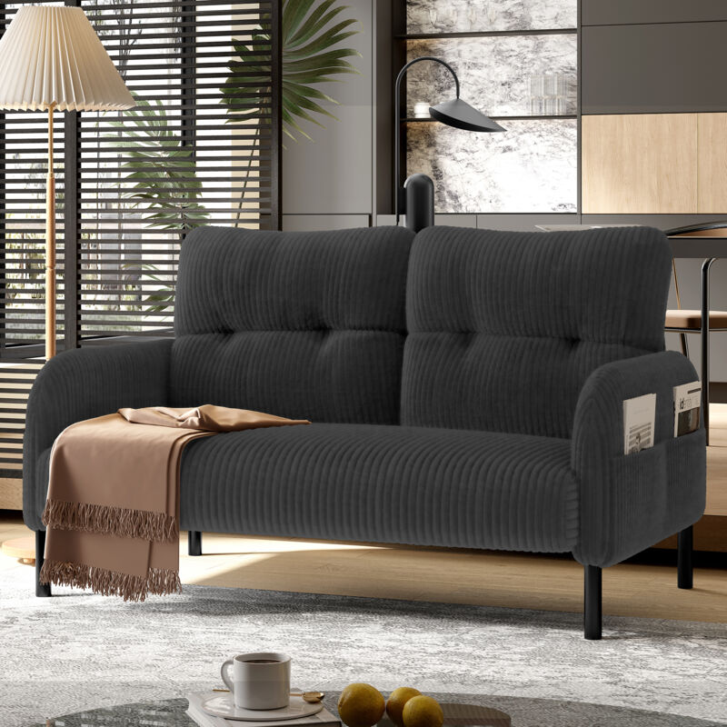 Modenvie 2-sitzer Sofa, Ergonomische Rückenlehne Mit Seitentasche, Tiefe Sitzfläche, Cord Grau, 120 × 75 × 79 Cm