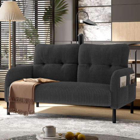 2-Sitzer Sofa, Ergonomische Rückenlehne mit Seitentasche, Tiefe Sitzfläche, Cord Grau, 120 × 75 × 79 cm