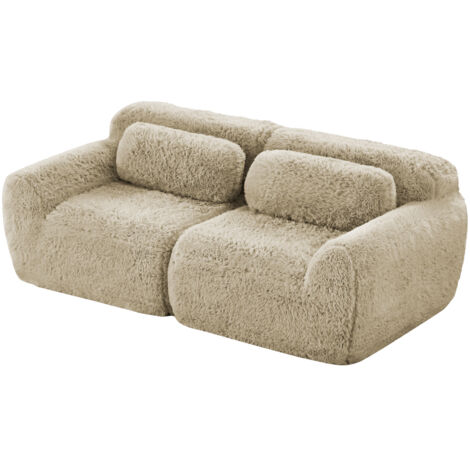 2-Sitzer Sofa, Plüschstoff, rahmenloses modulares Design, frei kombinierbar, mit Kissen. Weich, hochelastischer Schaumstoff, rutschfester Boden, geeignet für Wohnzimmer, Schlafzimmer, Hellkhaki