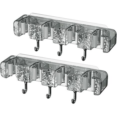 2 soportes de pared para trapeador, sin perforaciones, de plástico, autoadhesivos, con 4 clips y 3 ganchos, gris translúcido.