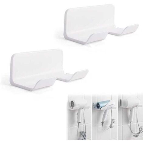 2 soportes para secador de pelo sin necesidad de taladrar, soportes de pared para secador de pelo, soportes de plástico para secador de pelo, organizador de almacenamiento para secador de pelo (blanco