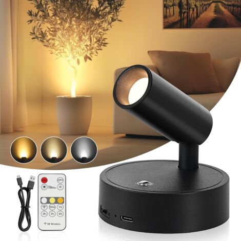 2 Spots LED Rechargeable Sans Fil, Télécommande 3 Couleurs, Dimmable, Orientable 350°, Pour Intérieur Tableau