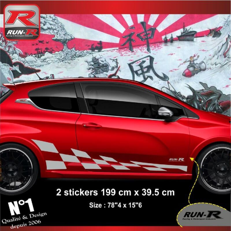 2 stickers bas de caisse 00GA2 199x39.5cm grand damier Argent compatible avec Peugeot 206 207 208 - Run-R