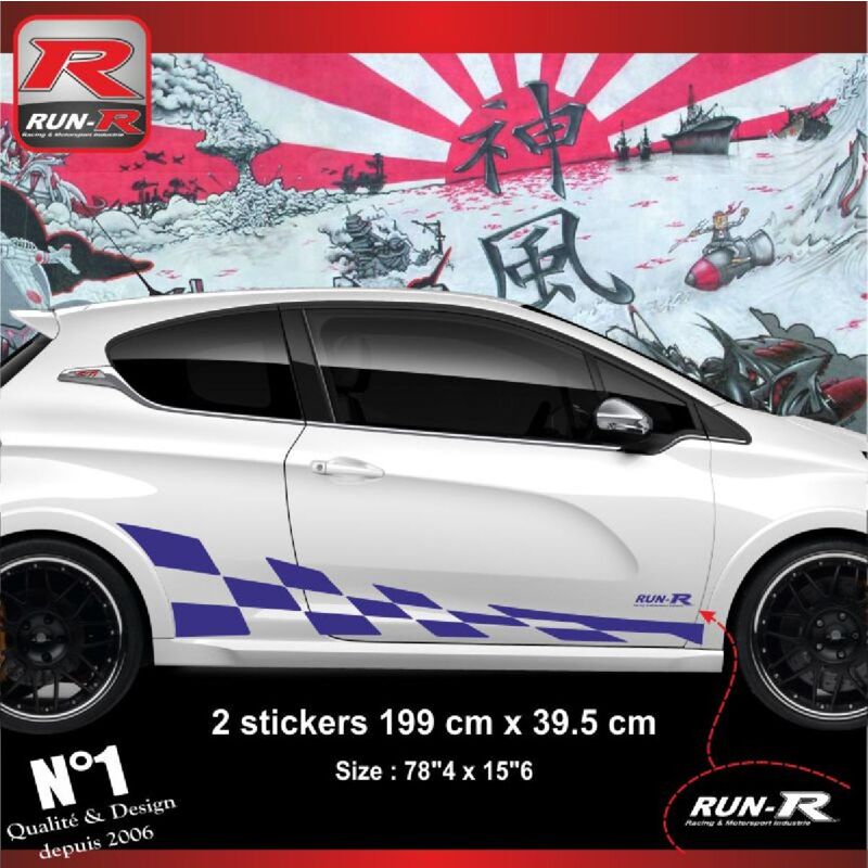 2 stickers bas de caisse 00GM 199x39.5cm grand damier Marine compatible avec Peugeot 206 207 208 - Run-R