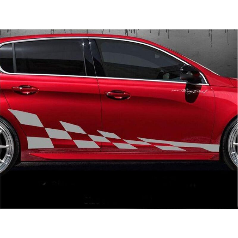 2 stickers bas de caisse 00GA3 199x39.5cm grand damier Argent compatible avec Peugeot 306 307 308 - Run-R