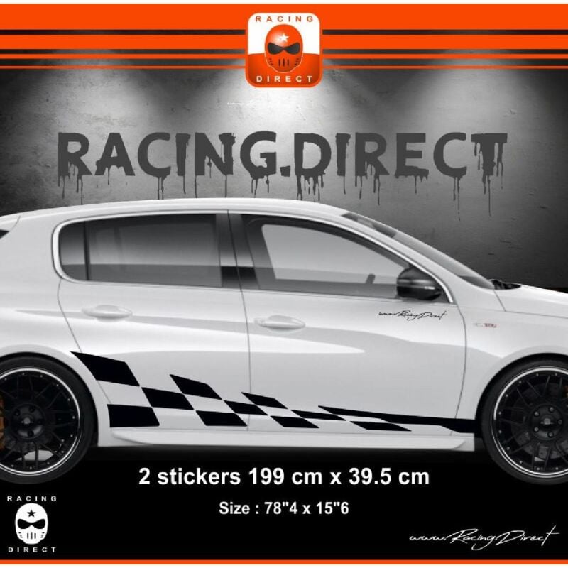 2 stickers bas de caisse 00GN3 199x39.5cm grand damier Noir compatible avec Peugeot 306 307 308 - Run-R