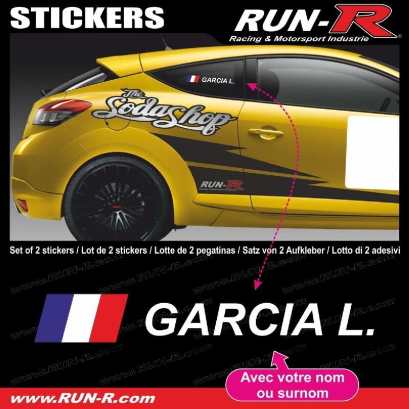 Adnauto - 2 stickers nom pilote drift rallye style classique - Lettrage blanc - Run-R