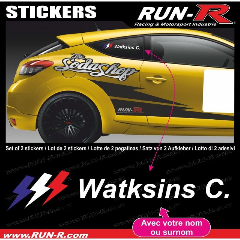 2 stickers nom pilote drift rallye style flash - Lettrage blanc - Run-R
