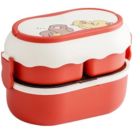 2-stöckige Bento-Box mit 3 Fächern, großes Fassungsvermögen, mikrowellengeeignet, tragbar, hübsch, rot