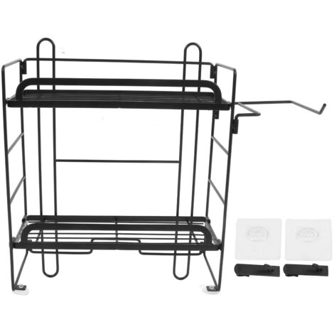2-stöckiges, klappbares Wandregal aus Eisen mit Haken für die Toilette, schwarz