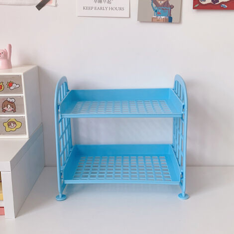 2-stöckiges Schreibtischregal mit Seitenschiene, modulares Design, ABS, doppelter Stauraum, Kosmetik, Büro, Küche, Blau