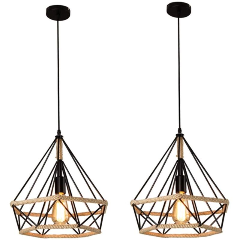 2 Stück Vintage Pendelleuchte E27 Metall Käfig Hängende Deckenleuchte 25CM Schwarz für Küche Esszimmer