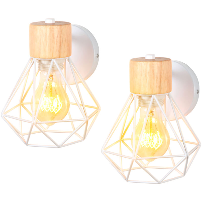 2 Stück Wandlampe Retro aus Holz Eisen Käfig Wandleuchte Drehbare E27 16CM für Flur Wohnzimmer Schlafzimmer Küche Cafét (Weiß)