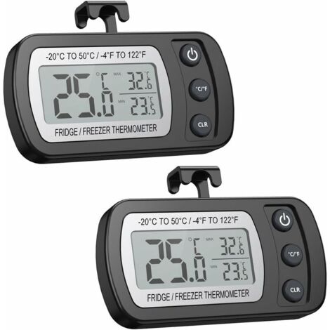 2 Stück Elektronisches Küchen-Kühlschrankthermometer, feuchtigkeitsbeständig, wasserdicht, verbesserte Version mit Magnet und Haken, schwarz (-20 - 50 ℃)
