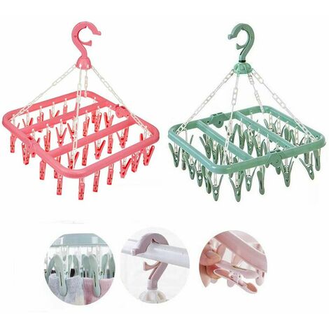 2 Stück Kunststoff-Wäscheständer, Socken-Aufhänger mit 32 Clips für Socken, Unterwäsche, Handtücher (Rosa-Grün)
