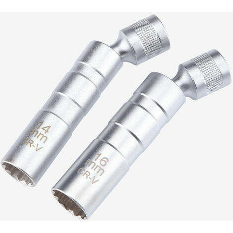 2 Stück magnetischer drehbarer Zündkerzenschlüssel 3/8 Zoll, Zwölfkant-Auto-Zündkerzenschlüssel 14 mm/16 mm, drehbares Design, Material CR-V, Länge 97 mm, Silber,