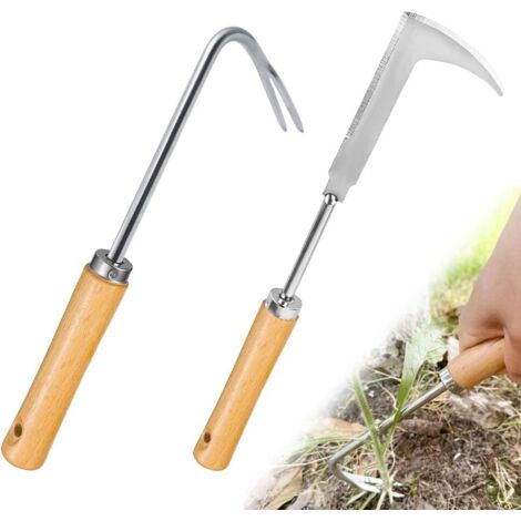 2 Stück Manueller Unkrautstecher, Unkrautstecher aus Edelstahl mit ergonomischem Holzgriff, Unkrautzieher, Unkrautmesser, Unkrautwerkzeug zum Jäten Ihres Gartens, Graben