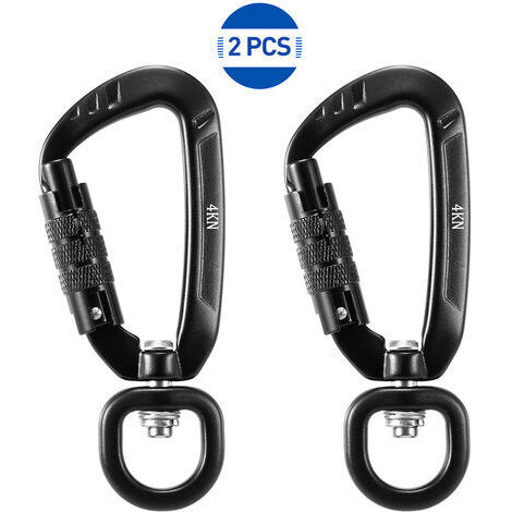 2 Stück Taktischer Kletterkarabiner, Hundeleinenkarabiner mit Aluminiumschloss, Drehgelenk, strapazierfähig, automatisches Schloss für Haustierhalsband 4 kN, 2 Stück, Schwarz