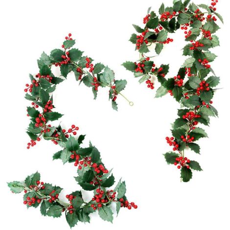 2 Stück Weihnachtsgirlande Rote Beeren, Künstliche Weihnachtsbaumgirlande Wintergirlande Stechpalme Rote Beeren - Gemischte Baumgirlande für Weihnachten, Feste und Partys, 175CM
