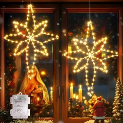 PARYOU 2 Stück Weihnachtssterne faltbar, 58cm große Stern 236 LED Fensterdeko mit Batterie Timer Haken, IP44 Weihnachtsdeko Innen Außen Warmweiß, Metall Weihnachtsbeleuchtung Outdoor Fenster Tür Wand