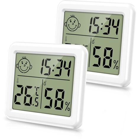 2 STÜCKE Innen-Hygrometer-Thermometer, Mini-Raumthermometer mit Uhrzeit, Datum, ℃/℉ umschaltbar, batteriebetriebener Temperatur- und Feuchtigkeitsmonitor für Schlafzimmer