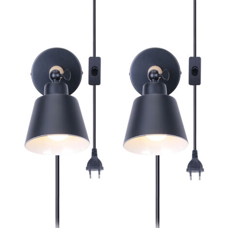 2 Stücke Wandlampe mit Schalter und Stecker, Modern aus Eisen Holz Wandleuchte Verstellbare für Wohnzimmer Schlafzimmer Flur Treppenhaus - Schwarz