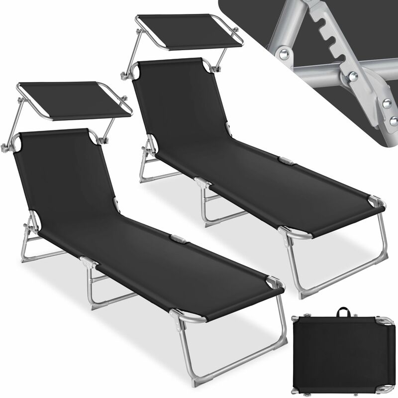2 Sun loungers with sun shade - reclining sun lounger, sun chair, foldable sun lounger - black