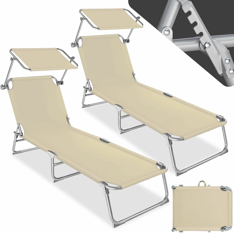 2 Sun loungers with sun shade - reclining sun lounger, sun chair, foldable sun lounger - beige