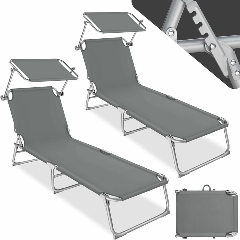 2 Sun loungers with sun shade - reclining sun lounger, sun chair, foldable sun lounger - grey