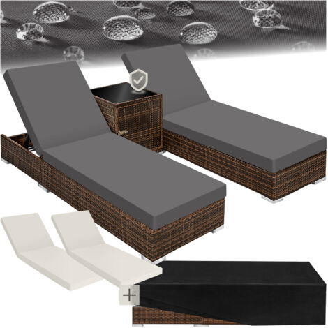 2 sunloungers + table with protective cover rattan aluminium - reclining sun lounger, garden lounge chair, sun chair