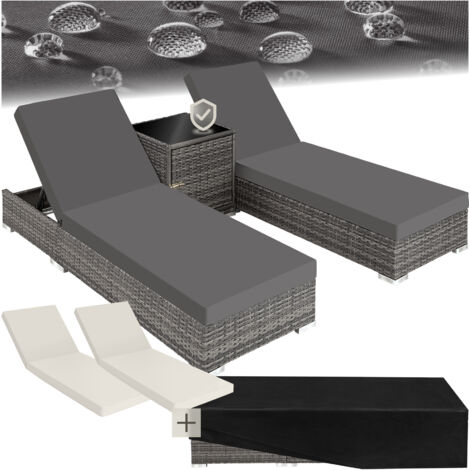 2 sunloungers + table with protective cover rattan aluminium - reclining sun lounger, garden lounge chair, sun chair - grey