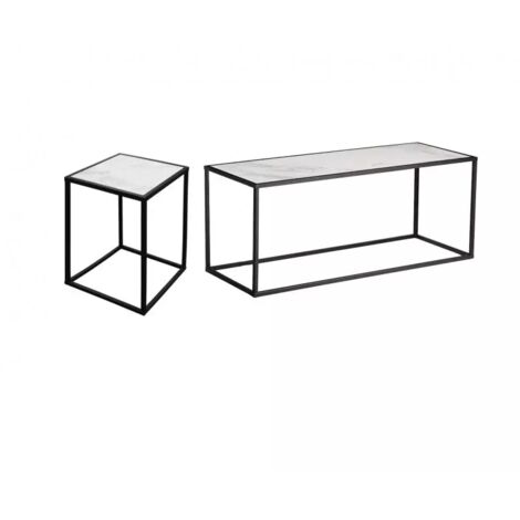 2 tables d'appoint en céramique marbré et verre pieds métal - PAROS