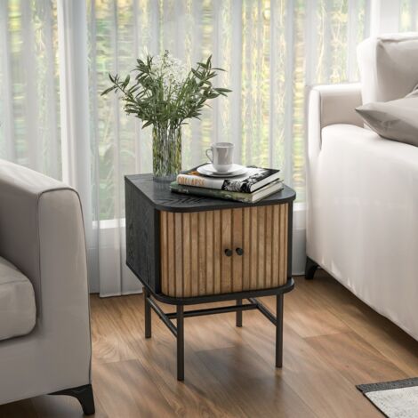 2 Tables de Chevet avec Portes Coulissantes Moderne Du Milieu Du Siècle avec Armoire de Rangement Pieds en Métal Table Compacte Noir