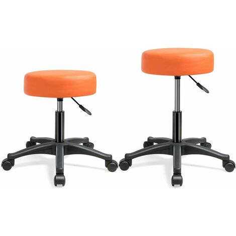 2 tabourets à roulettes siège de 10cm hauteur réglable 46-61cm pour coiffeuse, massage, orange