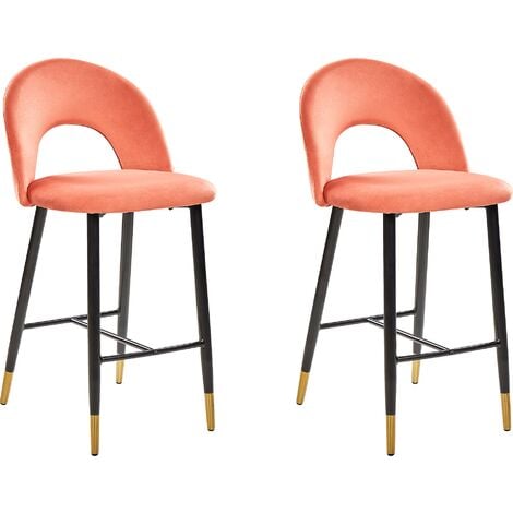 2 Tabourets Chaises Hautes de Bar en Velours Rouge Corail Pieds Noirs et Dorés Design et Confort pour Cuisine ou Salon Rétro et Glamour Beliani - Rouge