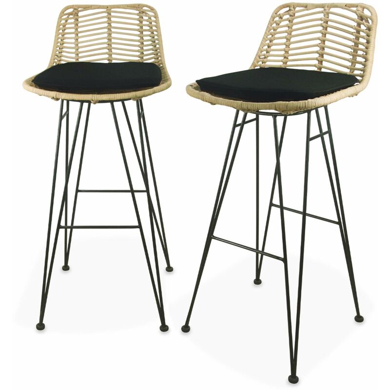 Sweeek - Deux tabourets de bar en rotin naturel et métal. coussins noirs - Cahya