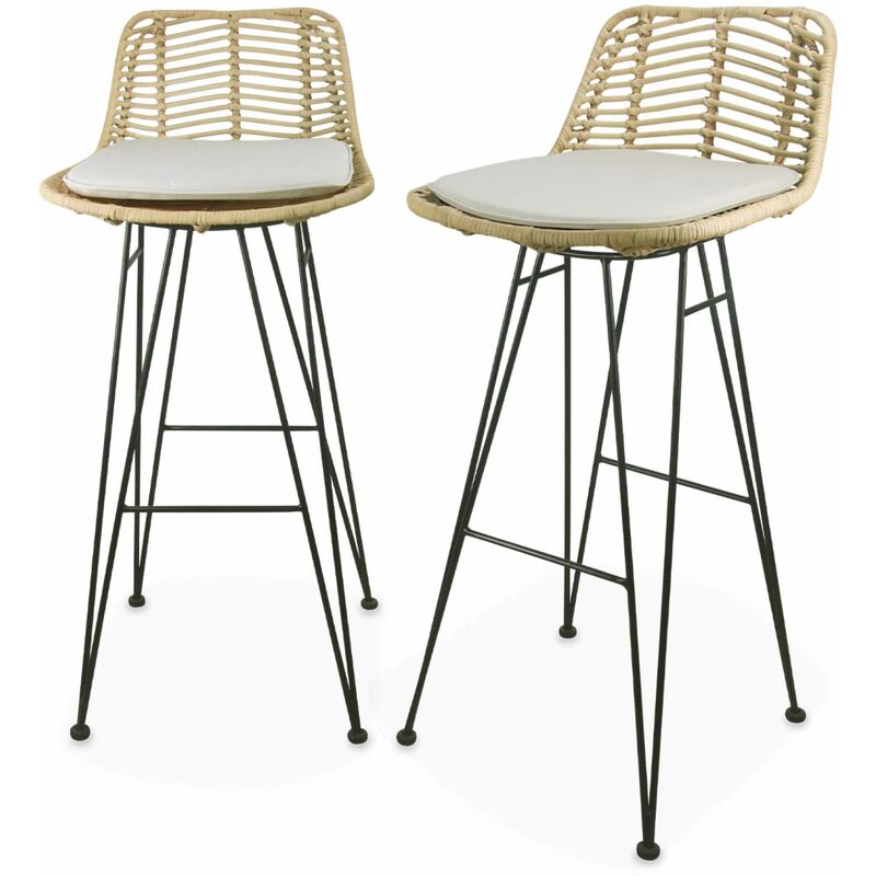 Sweeek - Deux tabourets de bar en rotin naturel et métal. coussins beige 75cm- Cahya