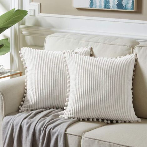 2 taies d'oreiller canapé 45 x 45 cm, housse de coussin élégante et pompons, coussin décoratif lit double, sans rembourrage (blanc)